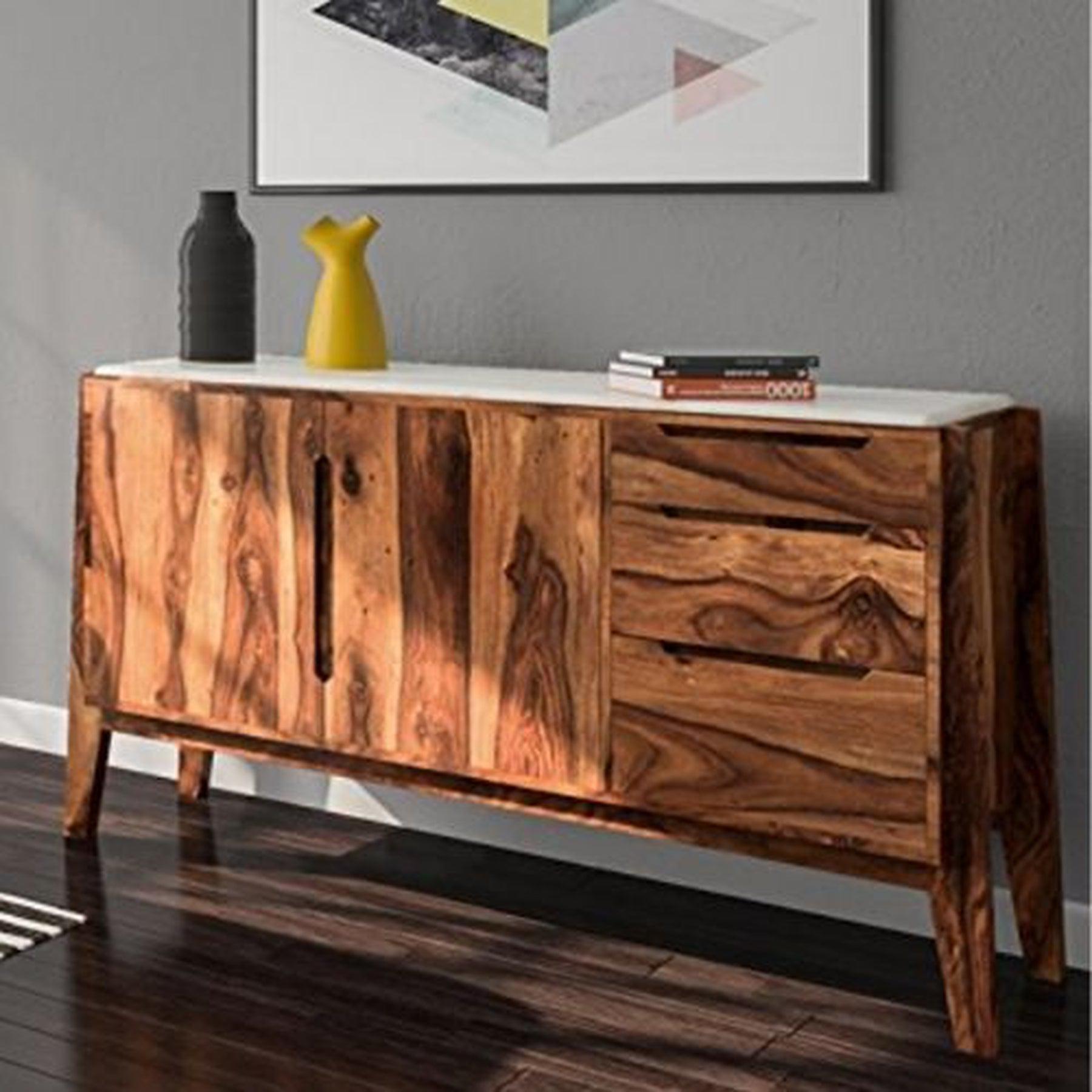 Galatea Marble Sideboard - Wooden Sideboard with 2 Doors and 3 Drawers | 145x45x80 cm