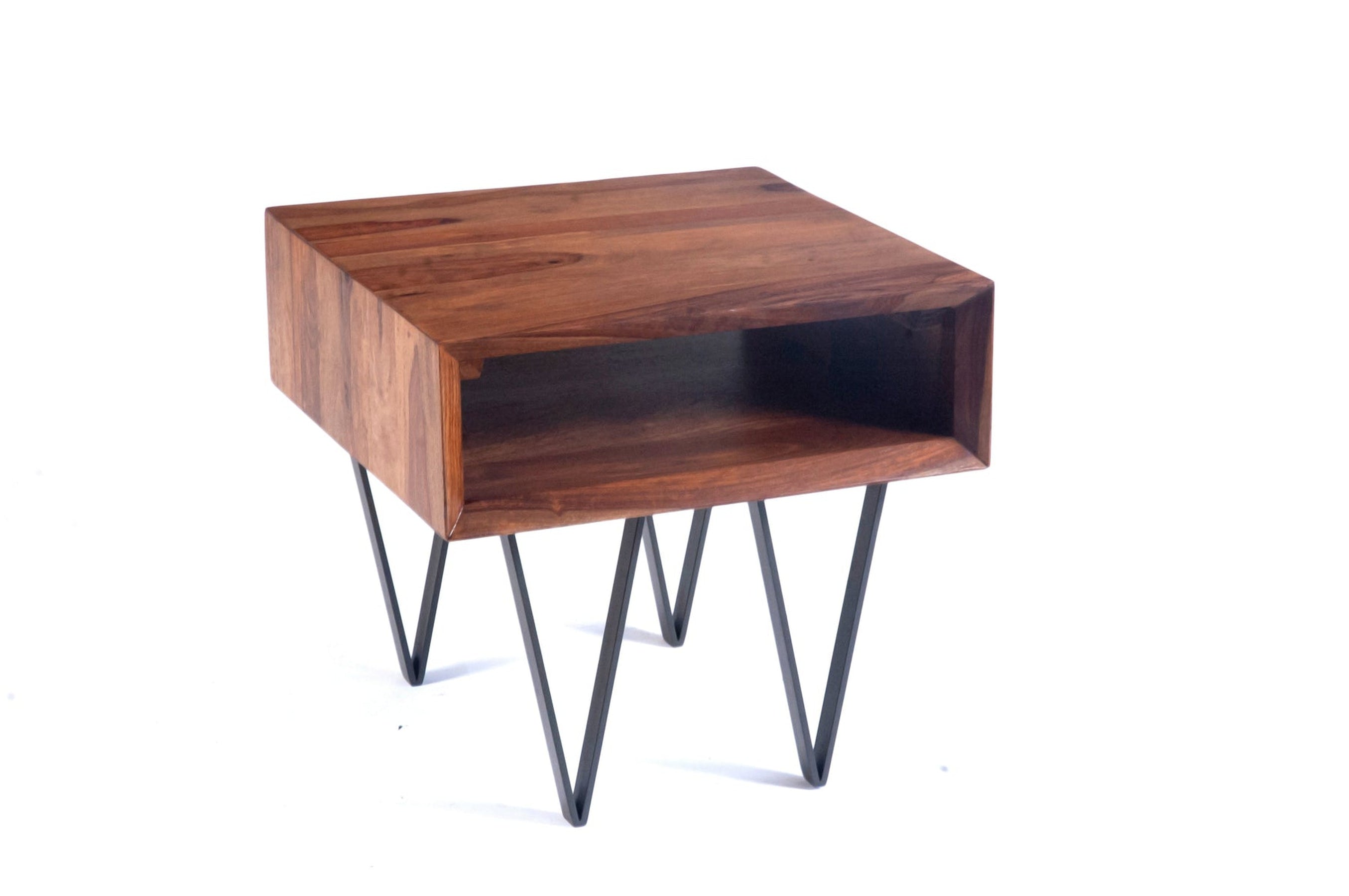 Table d'appoint métrique avec pieds en fer | Table de chevet empilable en bois pour salon et chambre