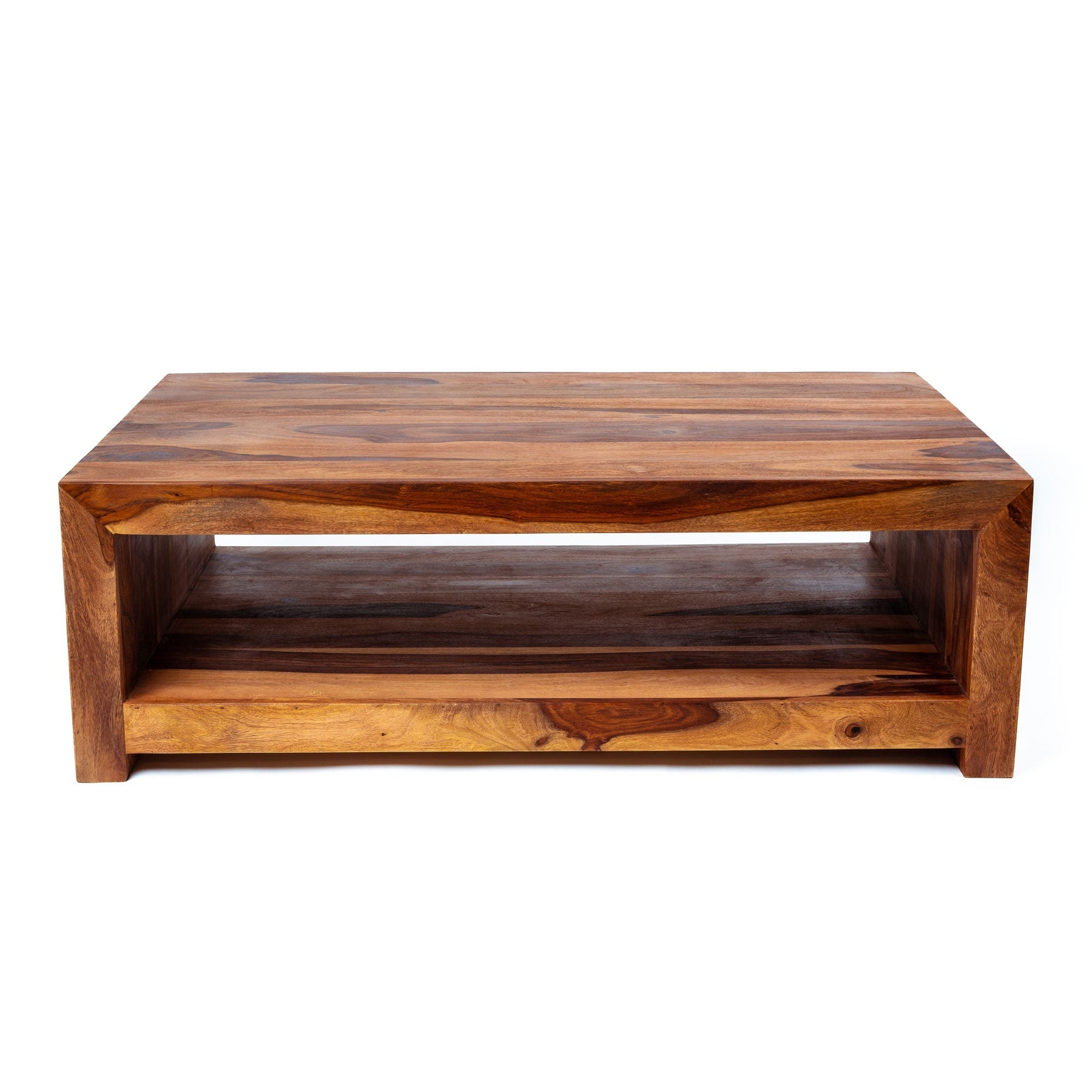 Table basse en bois Zen - Table basse en bois unique à 2 niveaux avec étagère de rangement