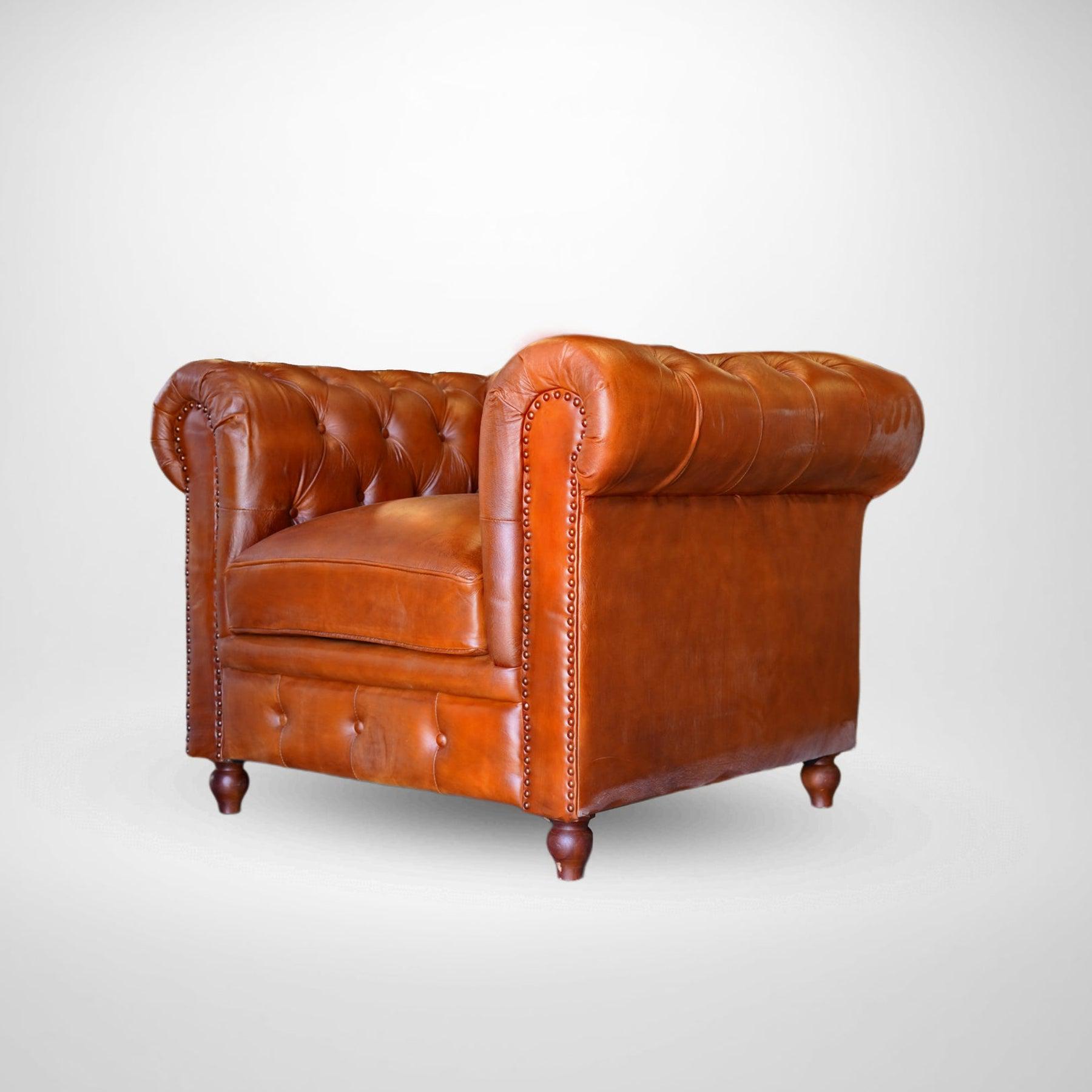 Chaise d'appoint en cuir | Fauteuil Chesterfield avec pieds en bois | Un siège rembourré